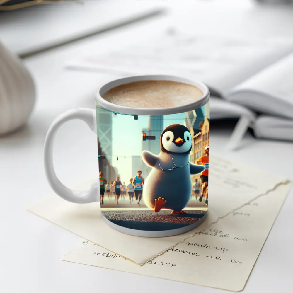 Cute Penguin Running City Street Marathon – Mugs