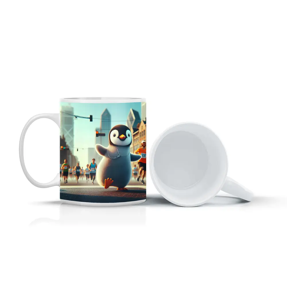 Cute Penguin Running City Street Marathon – Mugs