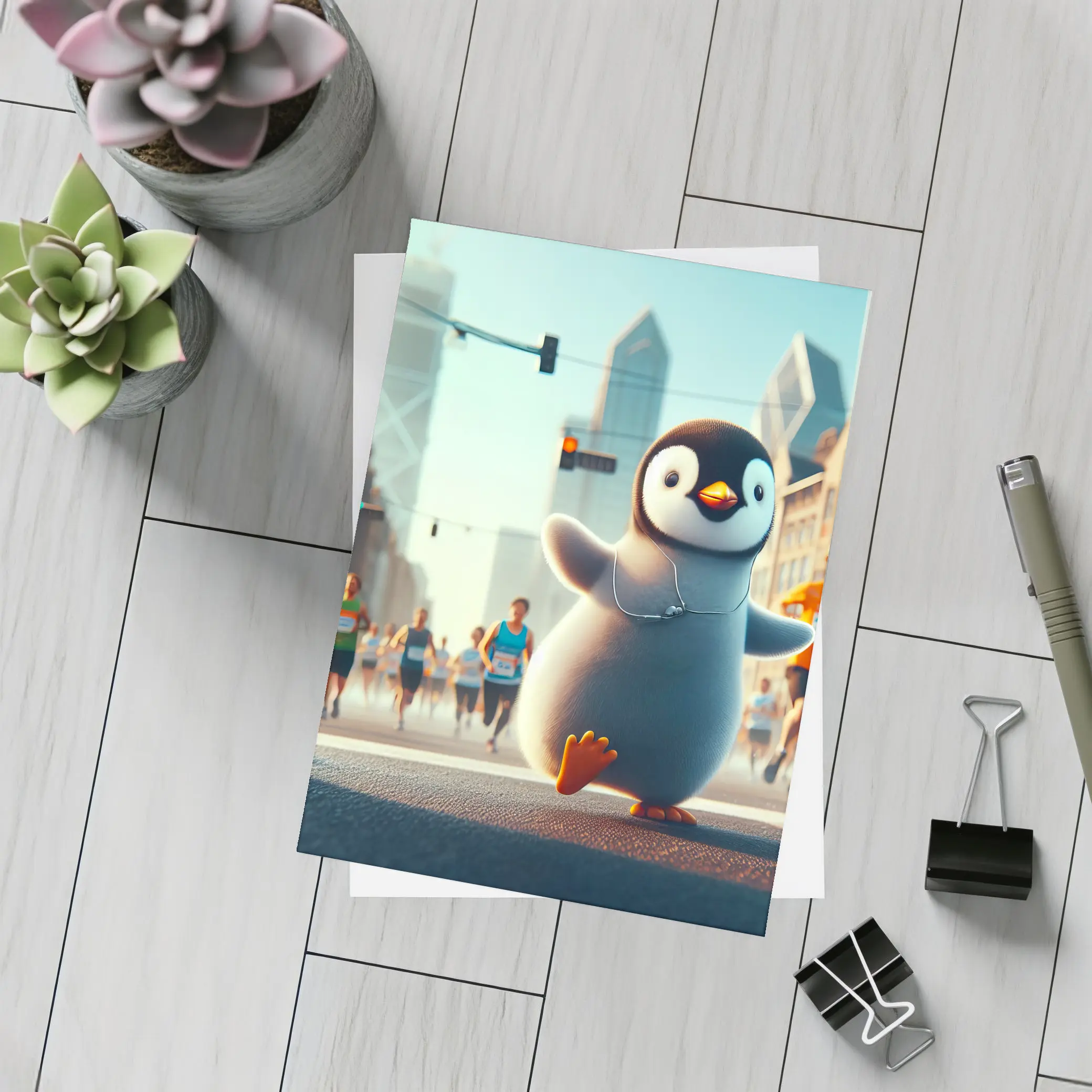 Cute Penguin Running City Street Marathon – Postcards