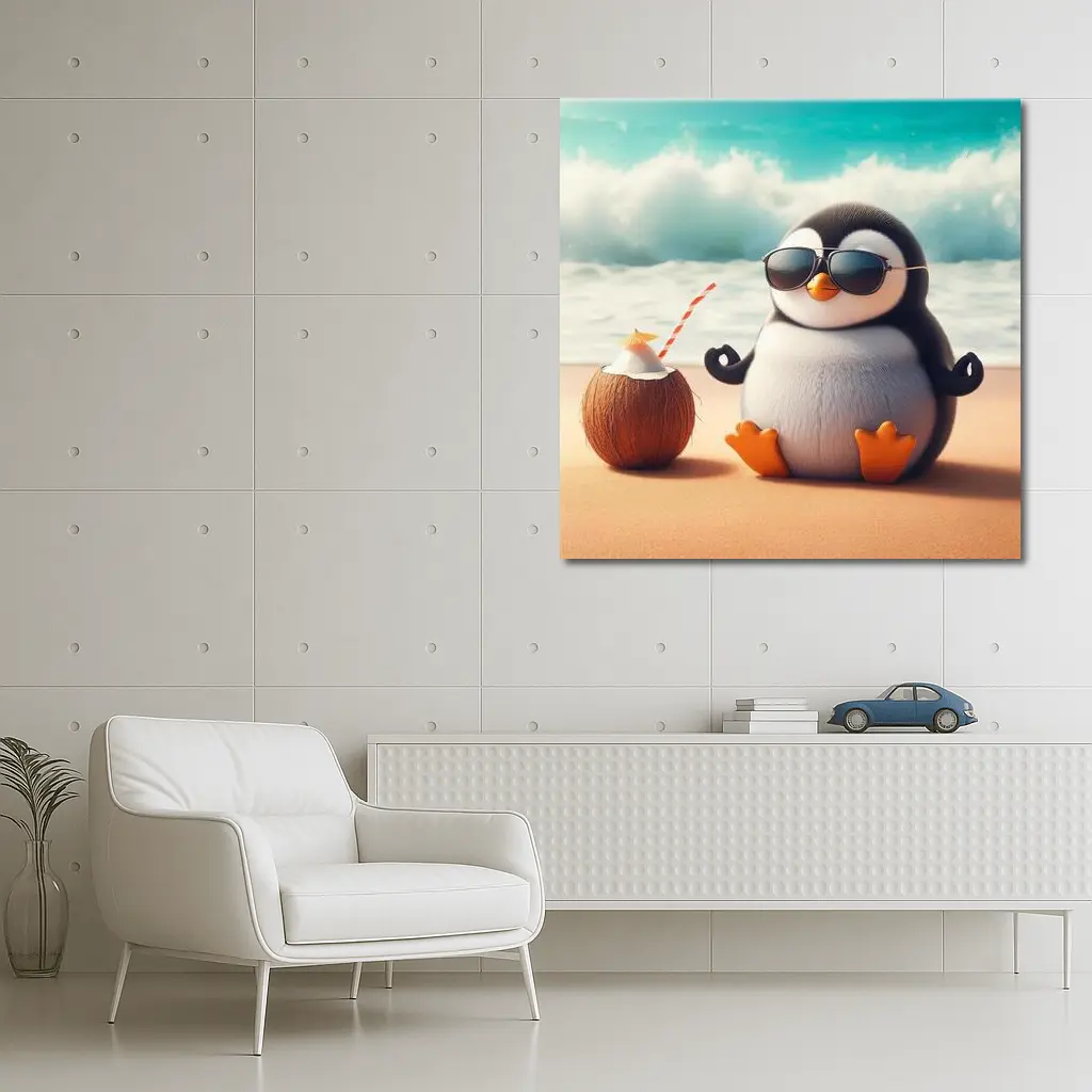 Cool Penguin Meditating On Sunny Beach – Wall Art