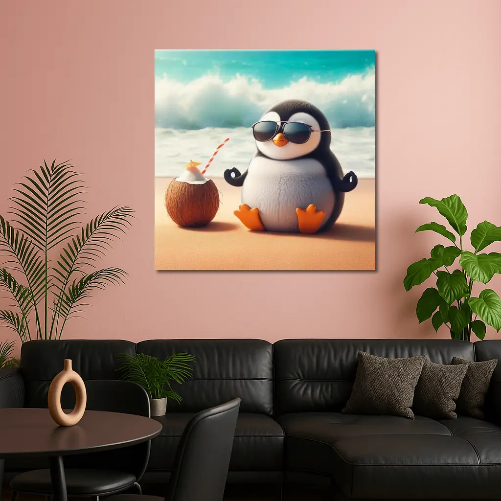 Cool Penguin Meditating On Sunny Beach – Wall Art