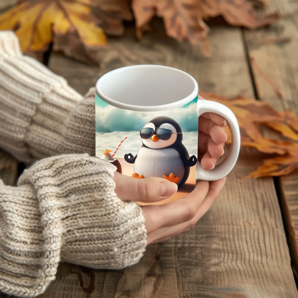 Cool Penguin Meditating On Sunny Beach – Mugs