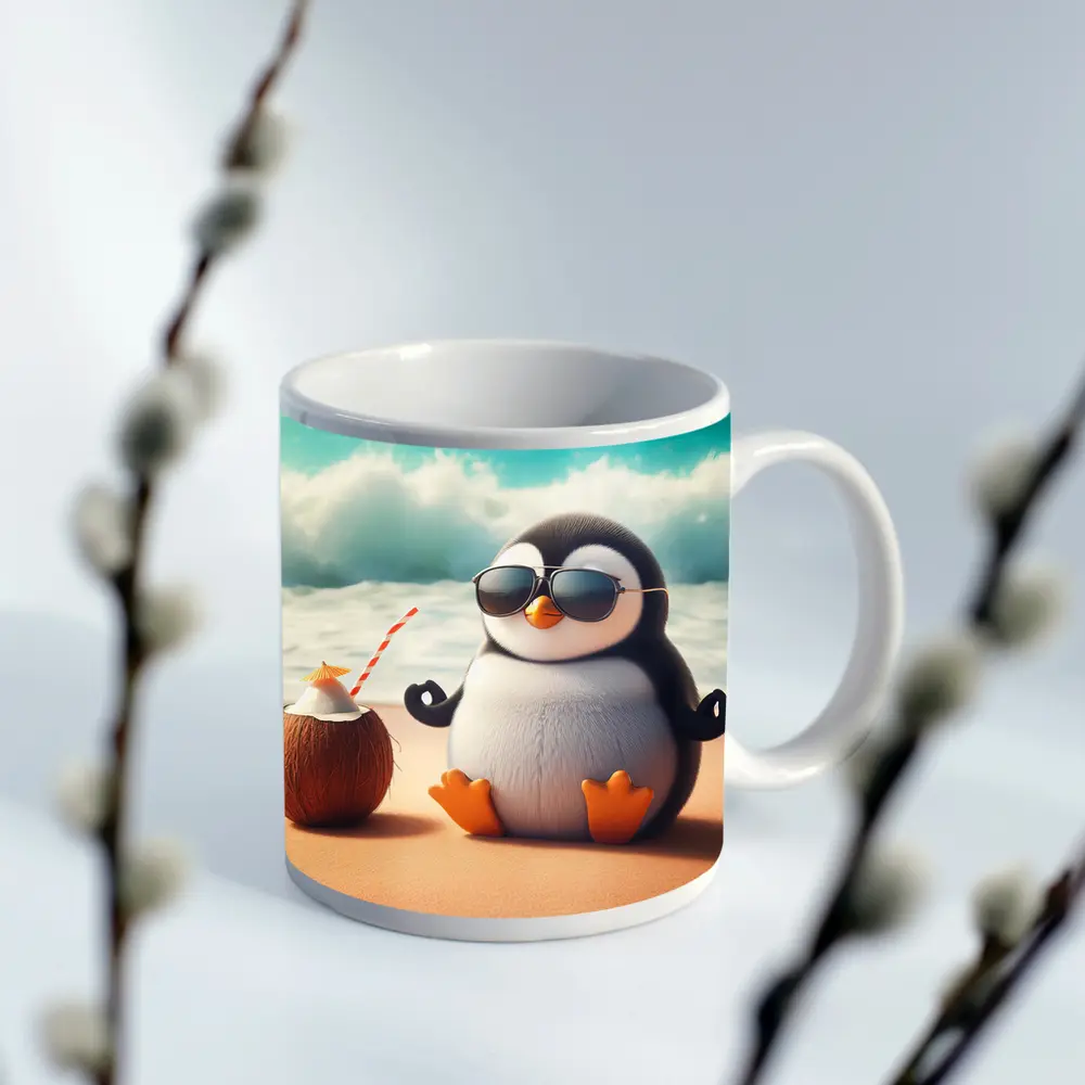 Cool Penguin Meditating On Sunny Beach – Mugs