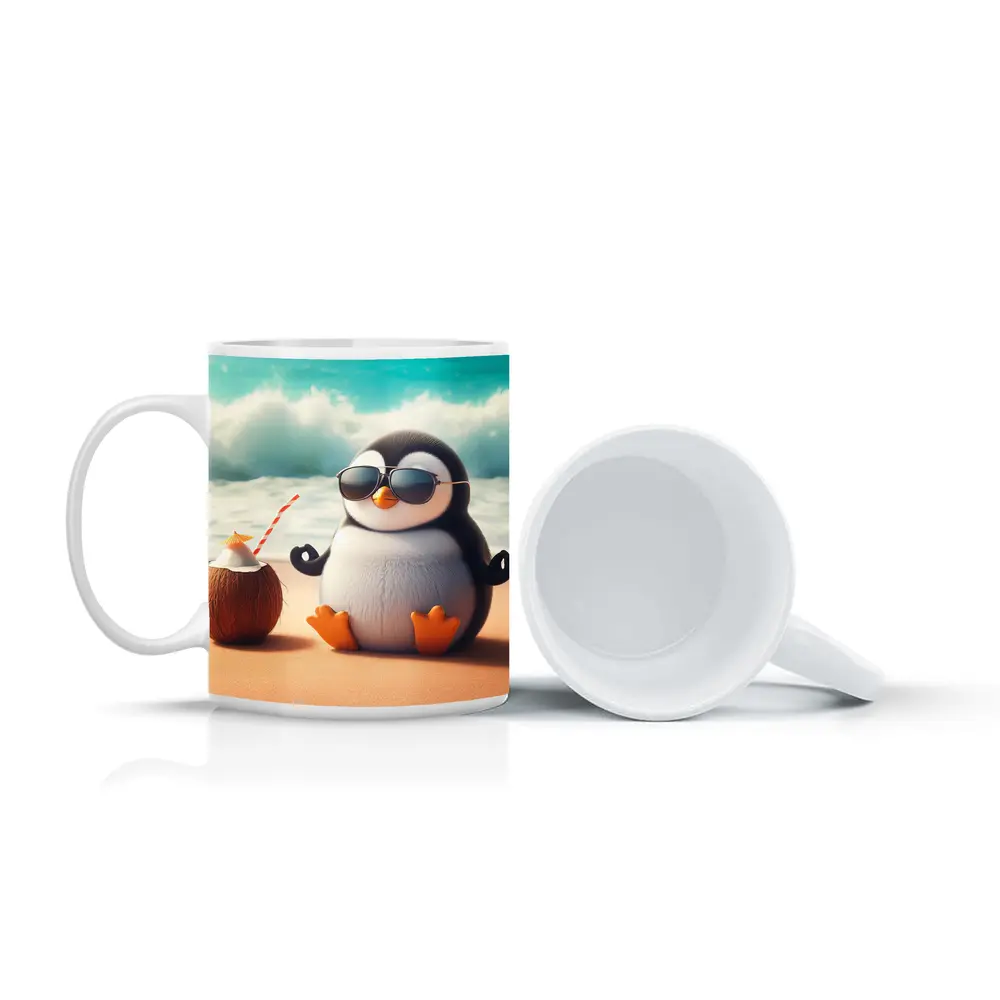 Cool Penguin Meditating On Sunny Beach – Mugs
