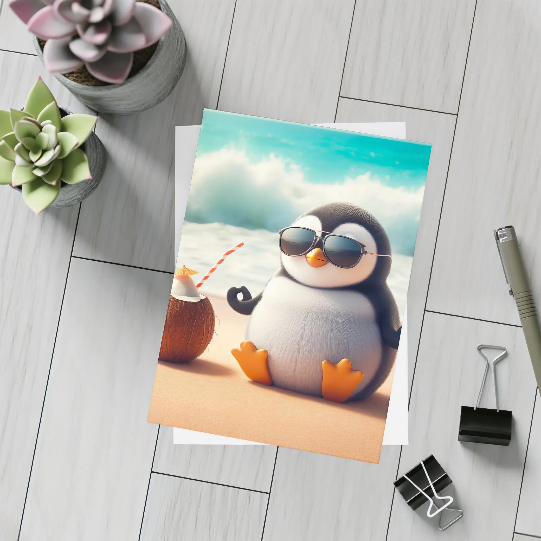 Cool Penguin Meditating On Sunny Beach – Postcards