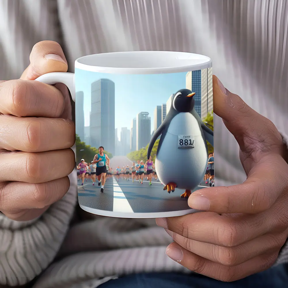 Penguin Running City Marathon Race Art – Mugs