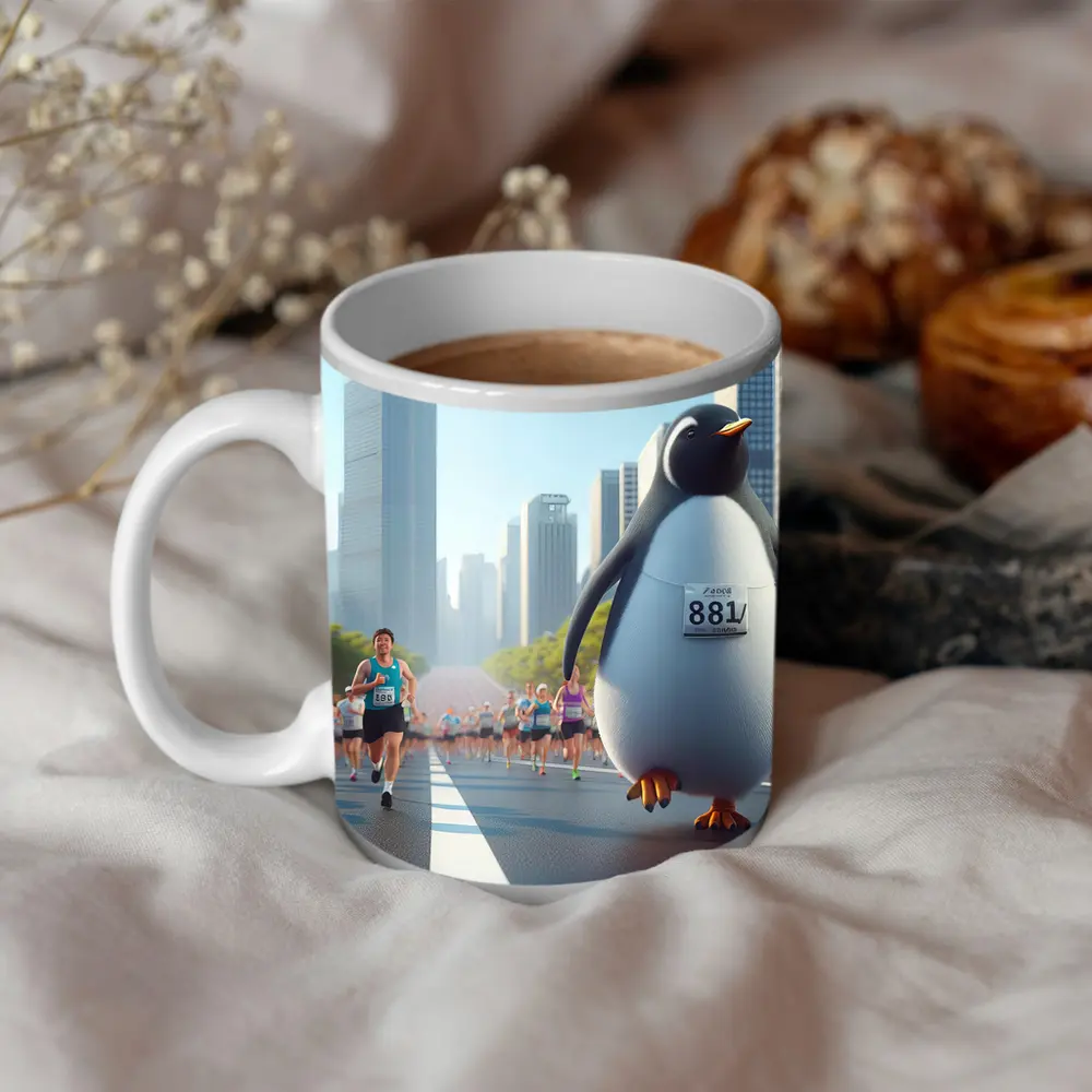 Penguin Running City Marathon Race Art – Mugs