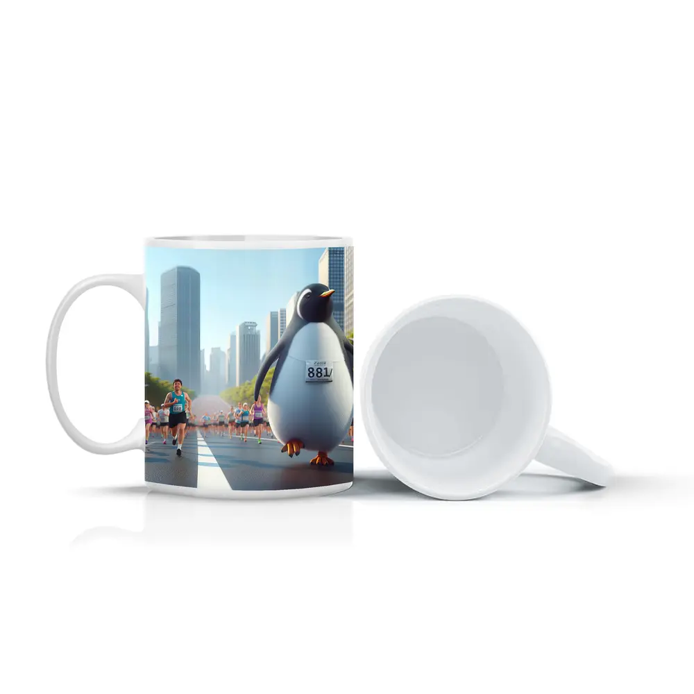 Penguin Running City Marathon Race Art – Mugs