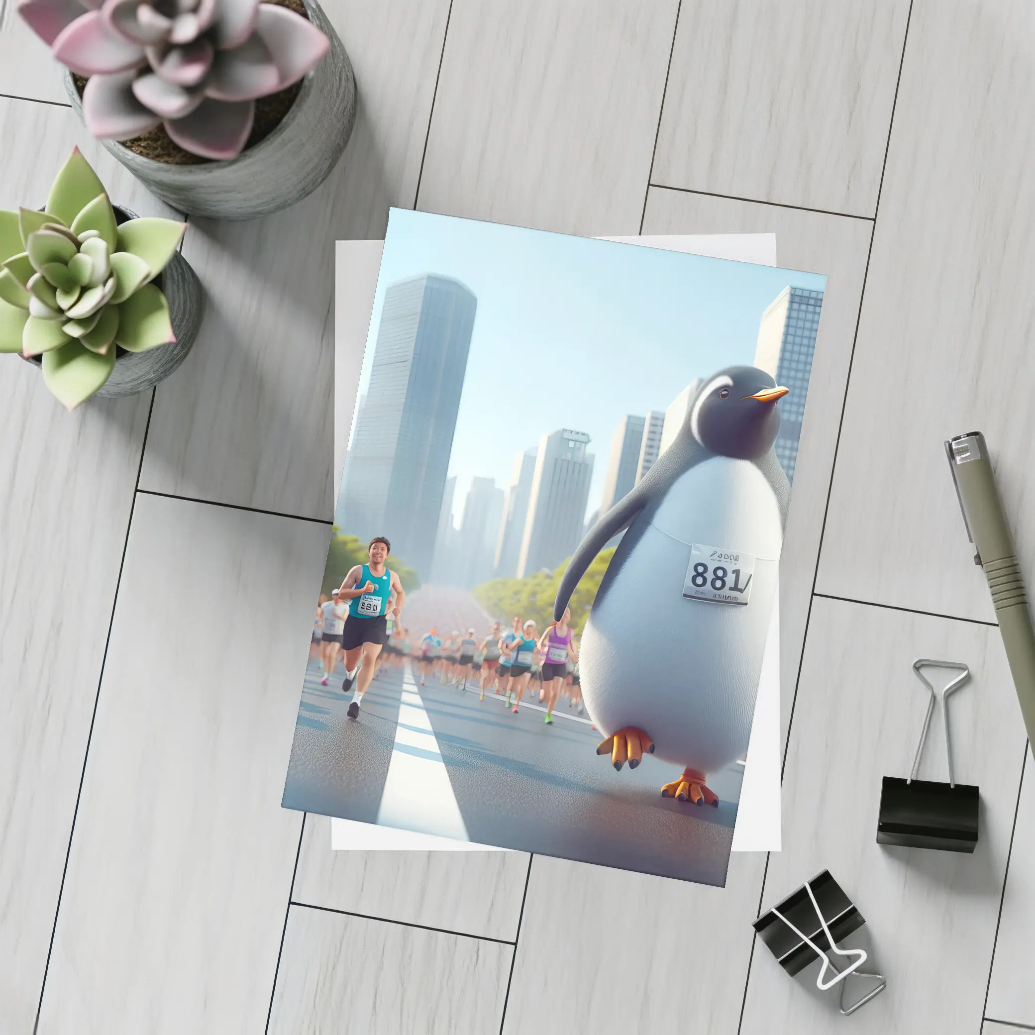Penguin Running City Marathon Race Art – Postcards