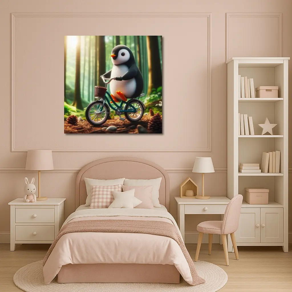 Cute Penguin Riding Bicycle Forest Background – Wall Art