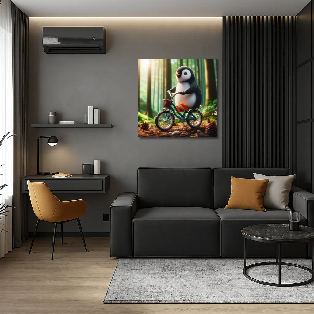 Cute Penguin Riding Bicycle Forest Background – Wall Art