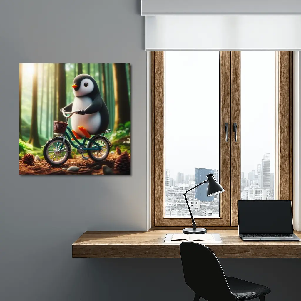Cute Penguin Riding Bicycle Forest Background – Wall Art