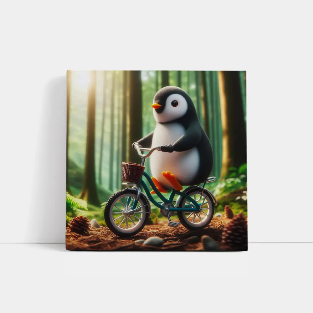 Cute Penguin Riding Bicycle Forest Background – Wall Art
