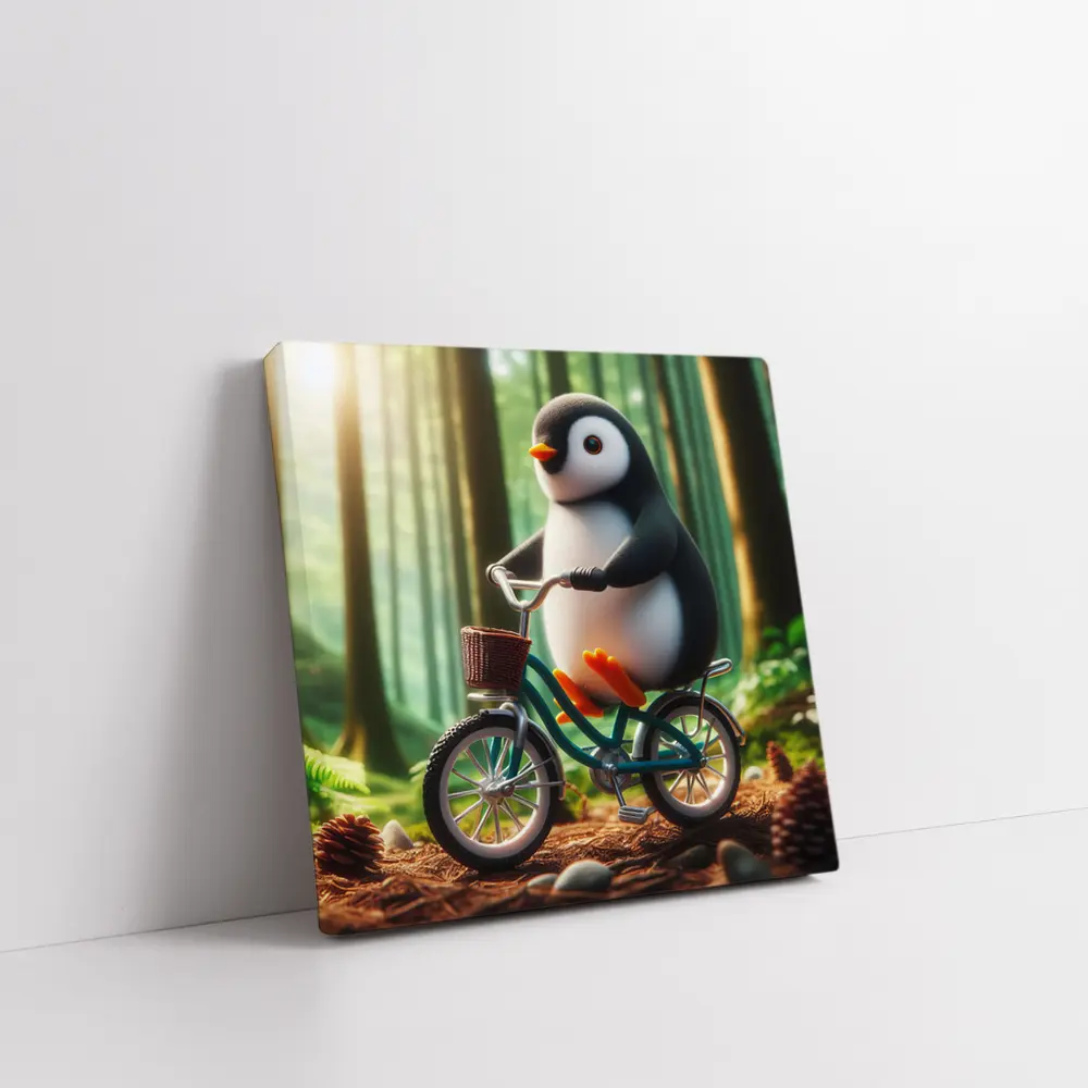 Cute Penguin Riding Bicycle Forest Background – Wall Art