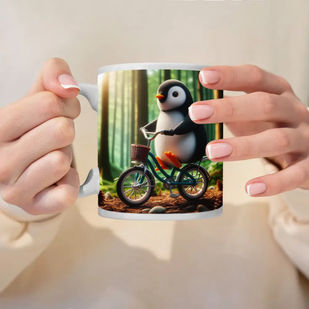 Cute Penguin Riding Bicycle Forest Background – Mugs