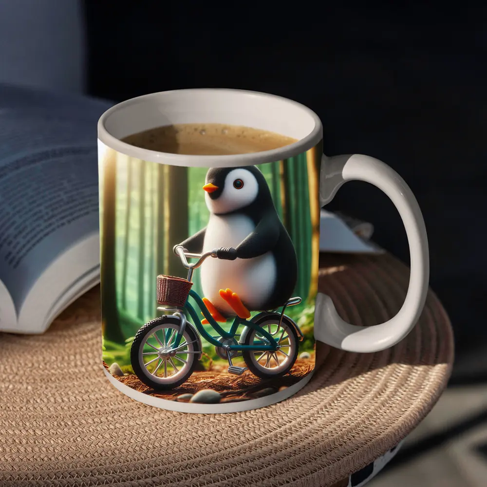 Cute Penguin Riding Bicycle Forest Background – Mugs