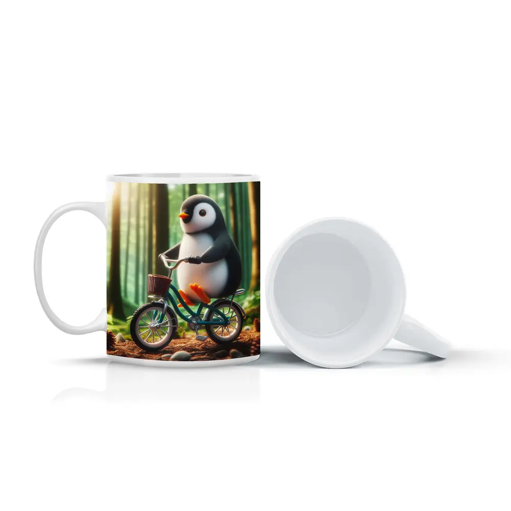 Cute Penguin Riding Bicycle Forest Background – Mugs