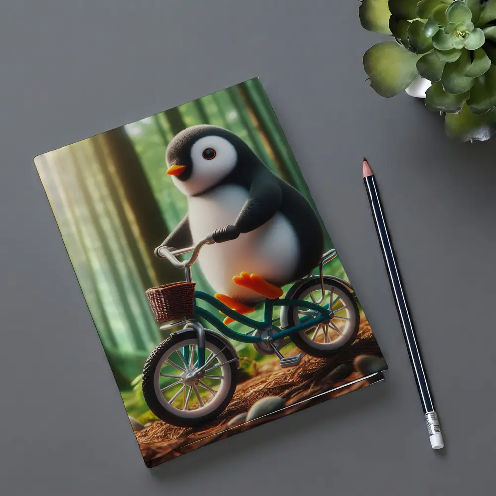 Cute Penguin Riding Bicycle Forest Background – Notebooks