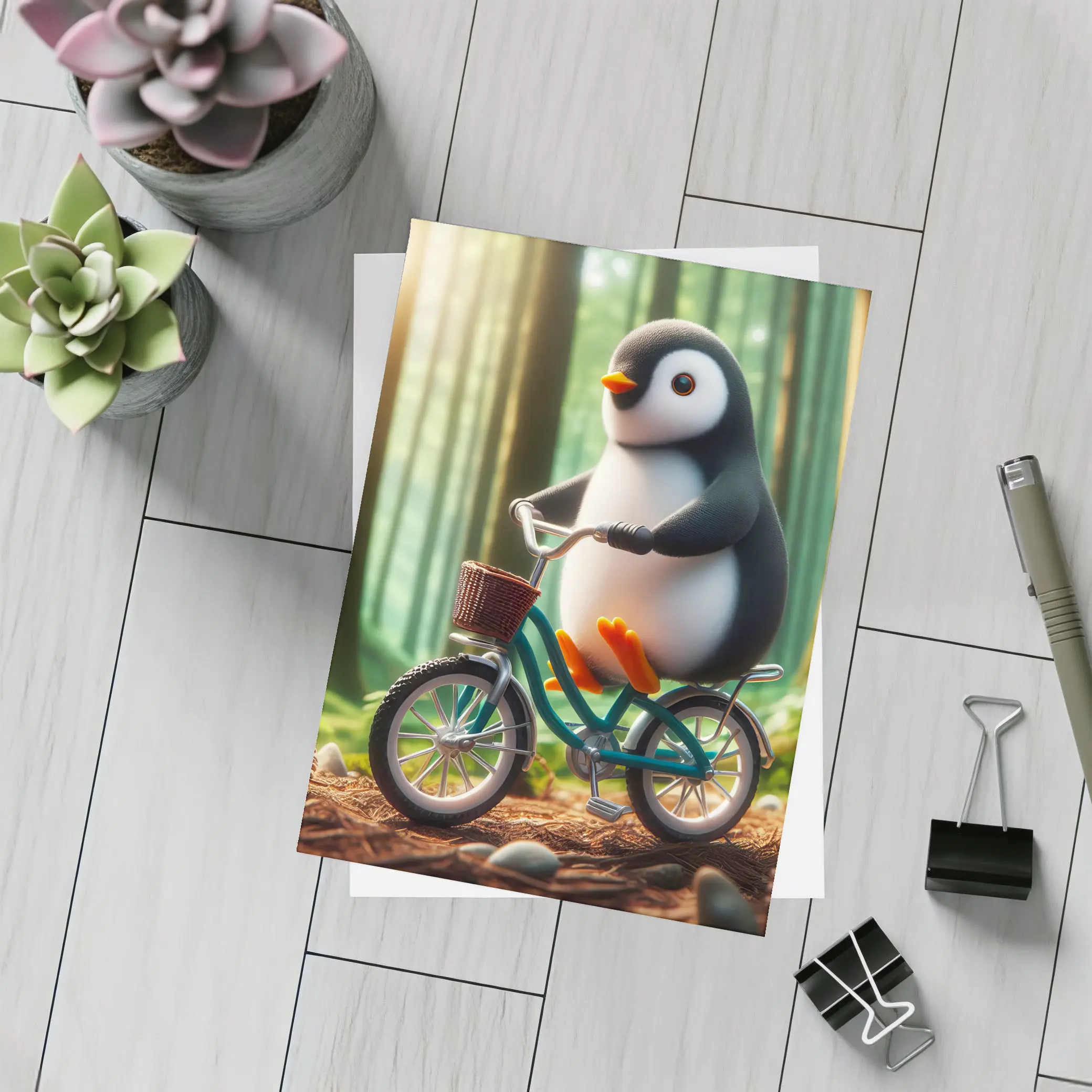 Cute Penguin Riding Bicycle Forest Background – Postcards