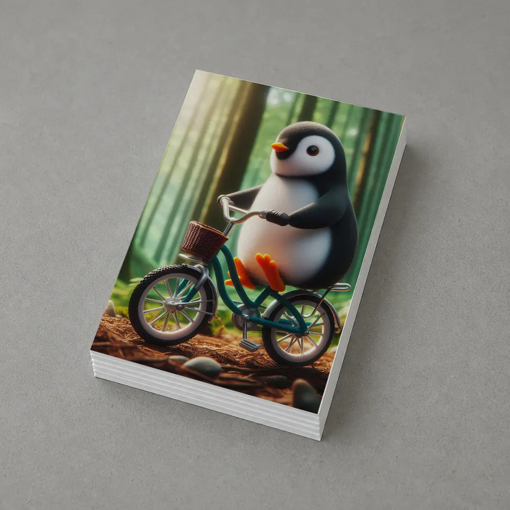 Cute Penguin Riding Bicycle Forest Background – Postcards