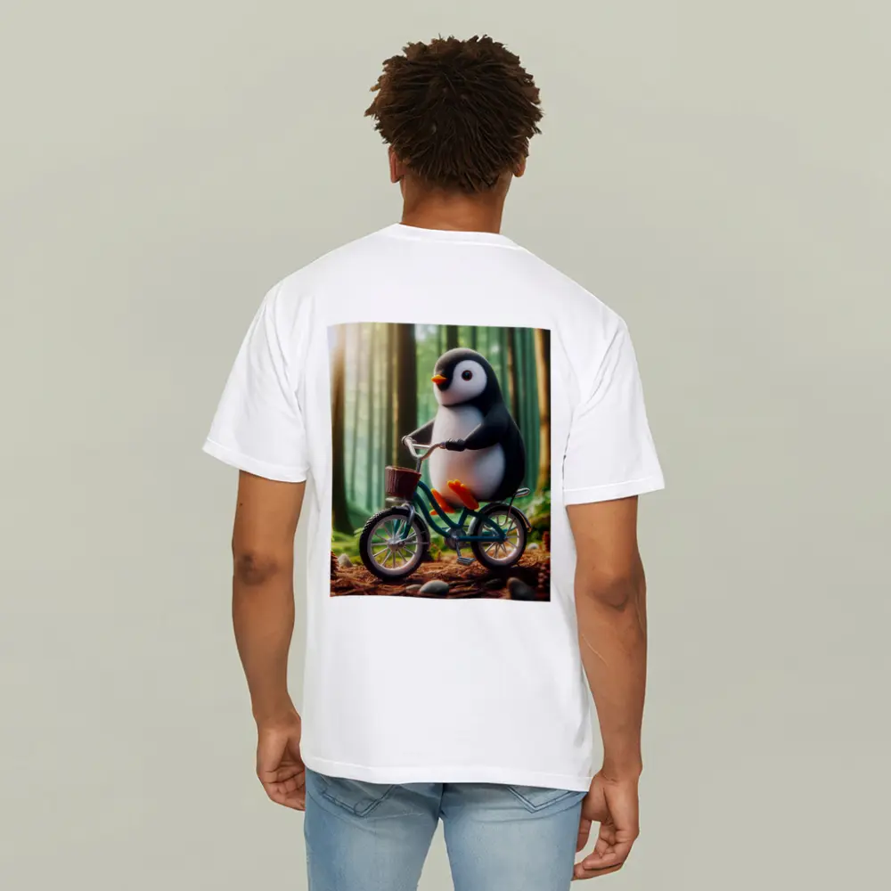 Cute Penguin Riding Bicycle Forest Background – T-Shirts