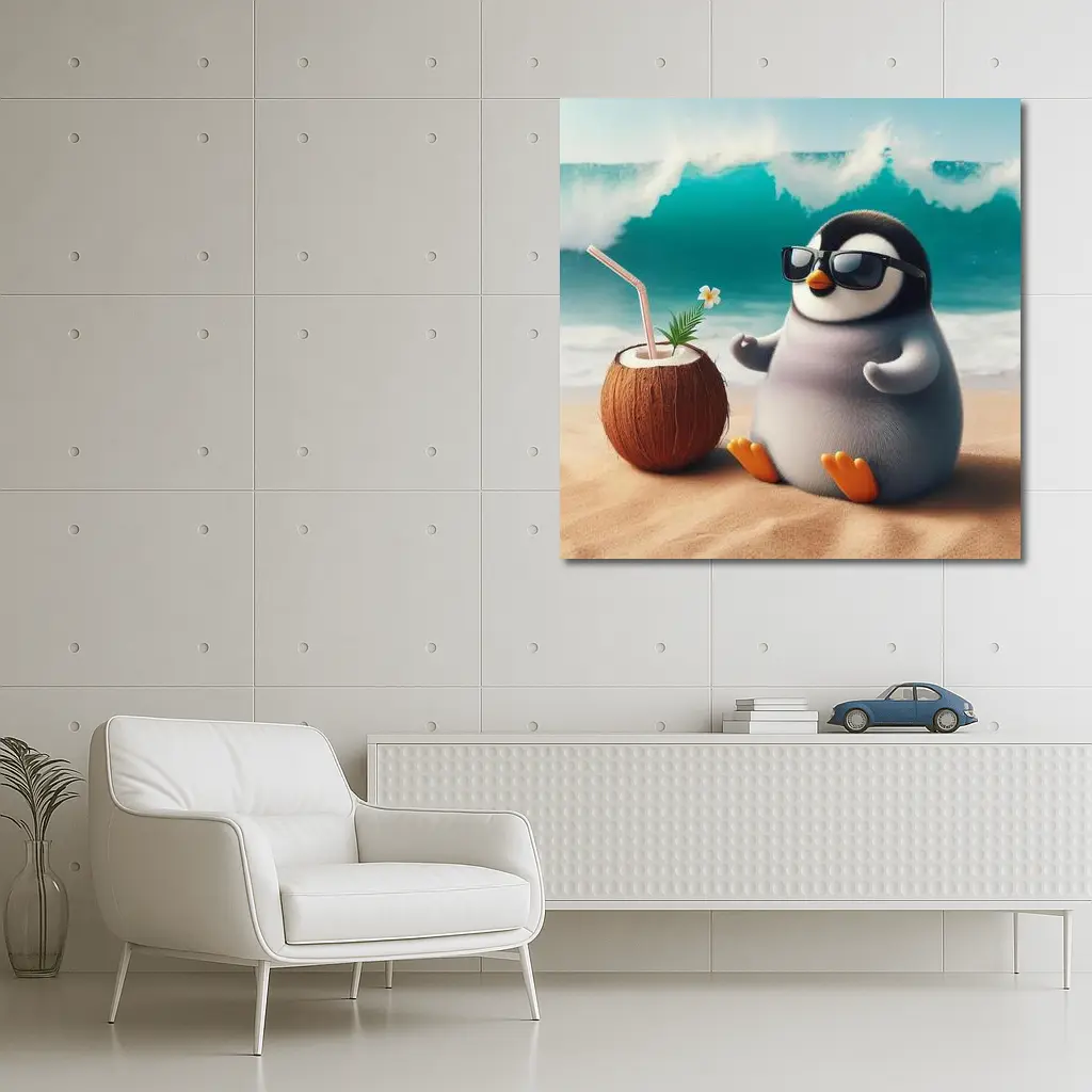 Cool Penguin Relaxing On Sunny Beach – Wall Art