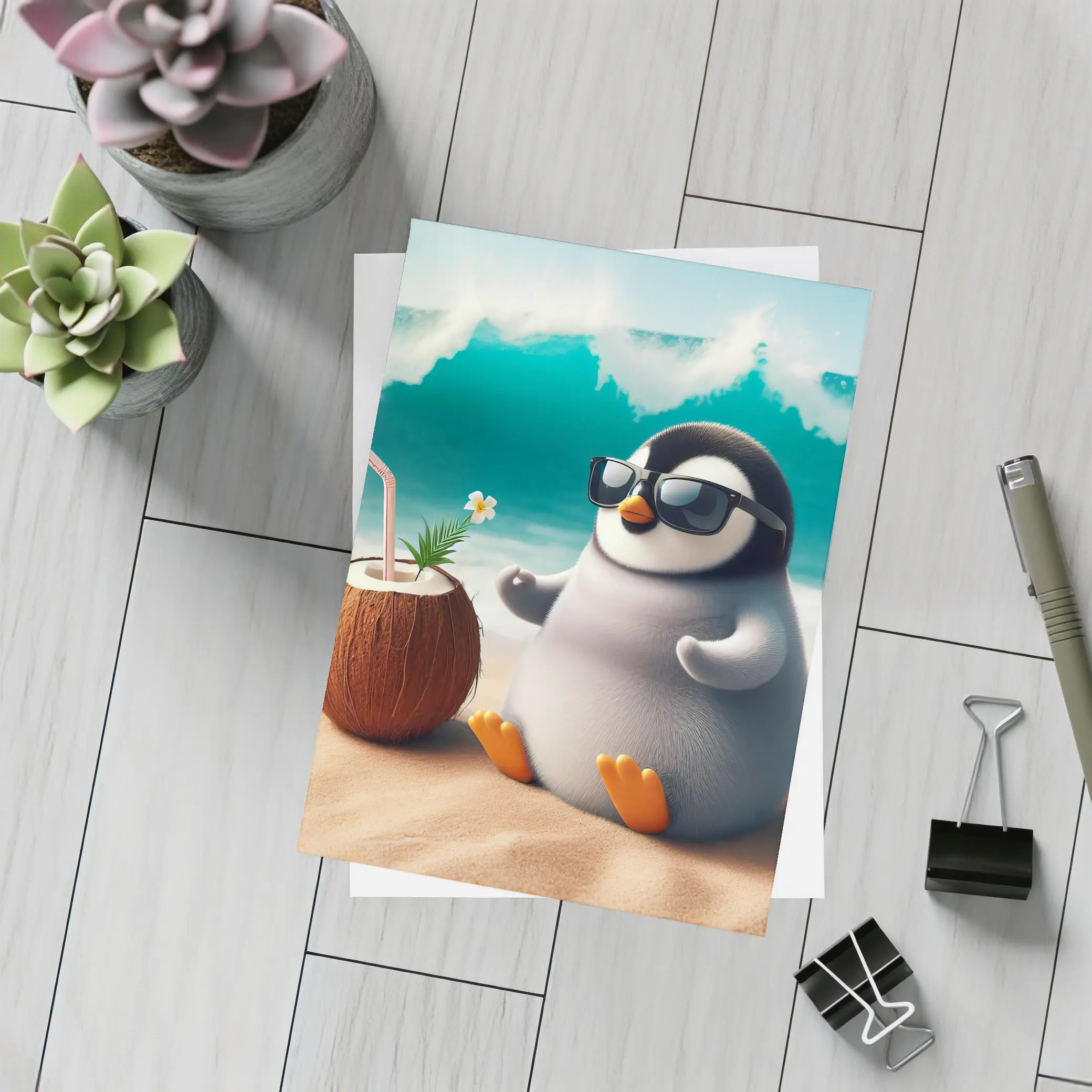 Cool Penguin Relaxing On Sunny Beach – Postcards