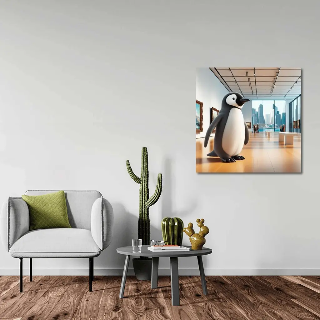 Cute Penguin Standing Inside Modern Art Gallery – Wall Art