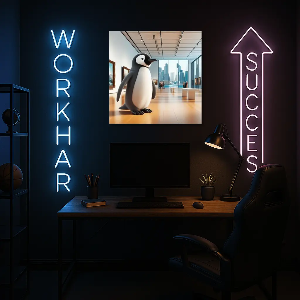 Cute Penguin Standing Inside Modern Art Gallery – Wall Art