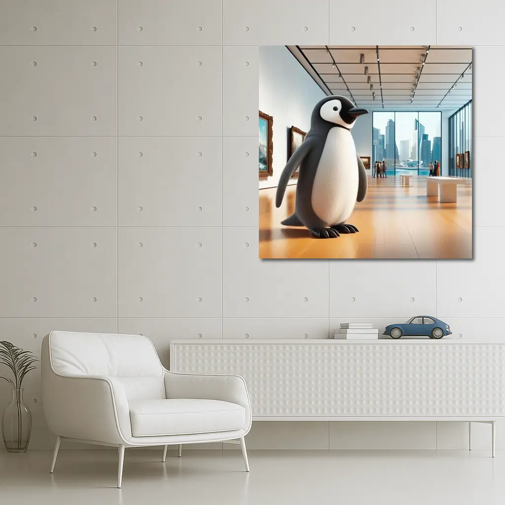 Cute Penguin Standing Inside Modern Art Gallery – Wall Art