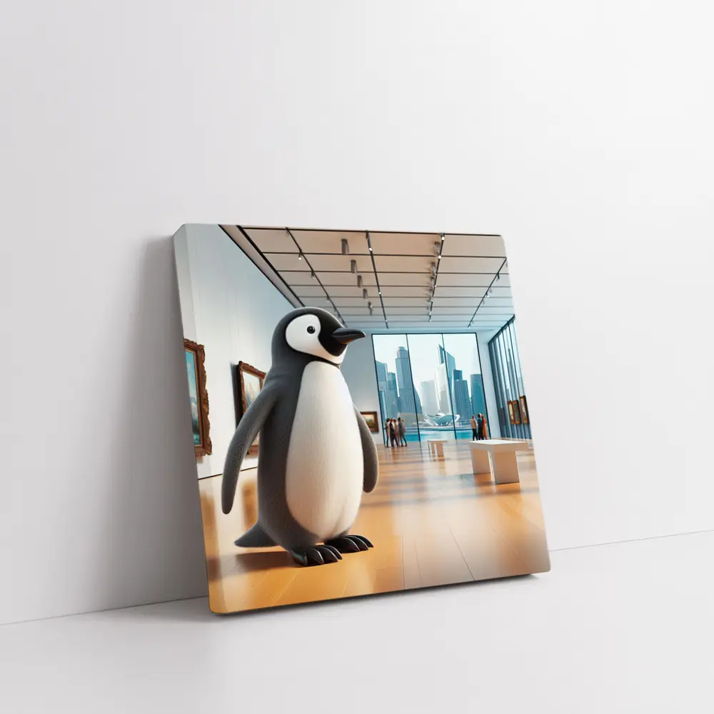 Cute Penguin Standing Inside Modern Art Gallery – Wall Art