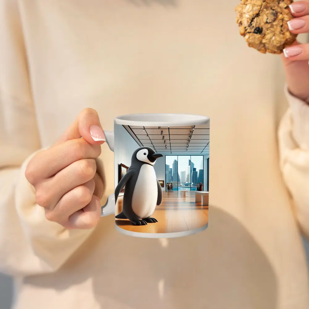 Cute Penguin Standing Inside Modern Art Gallery – Mugs