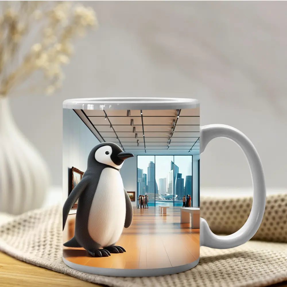 Cute Penguin Standing Inside Modern Art Gallery – Mugs