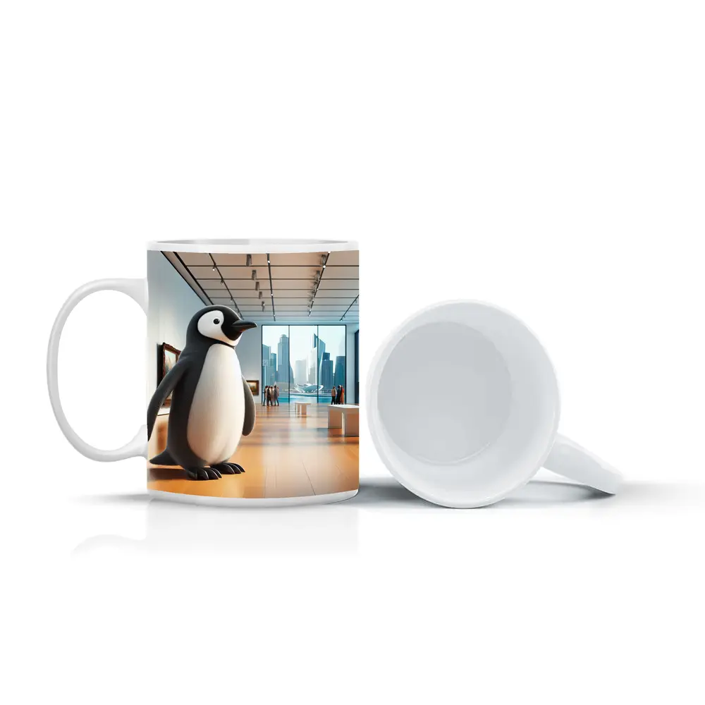 Cute Penguin Standing Inside Modern Art Gallery – Mugs