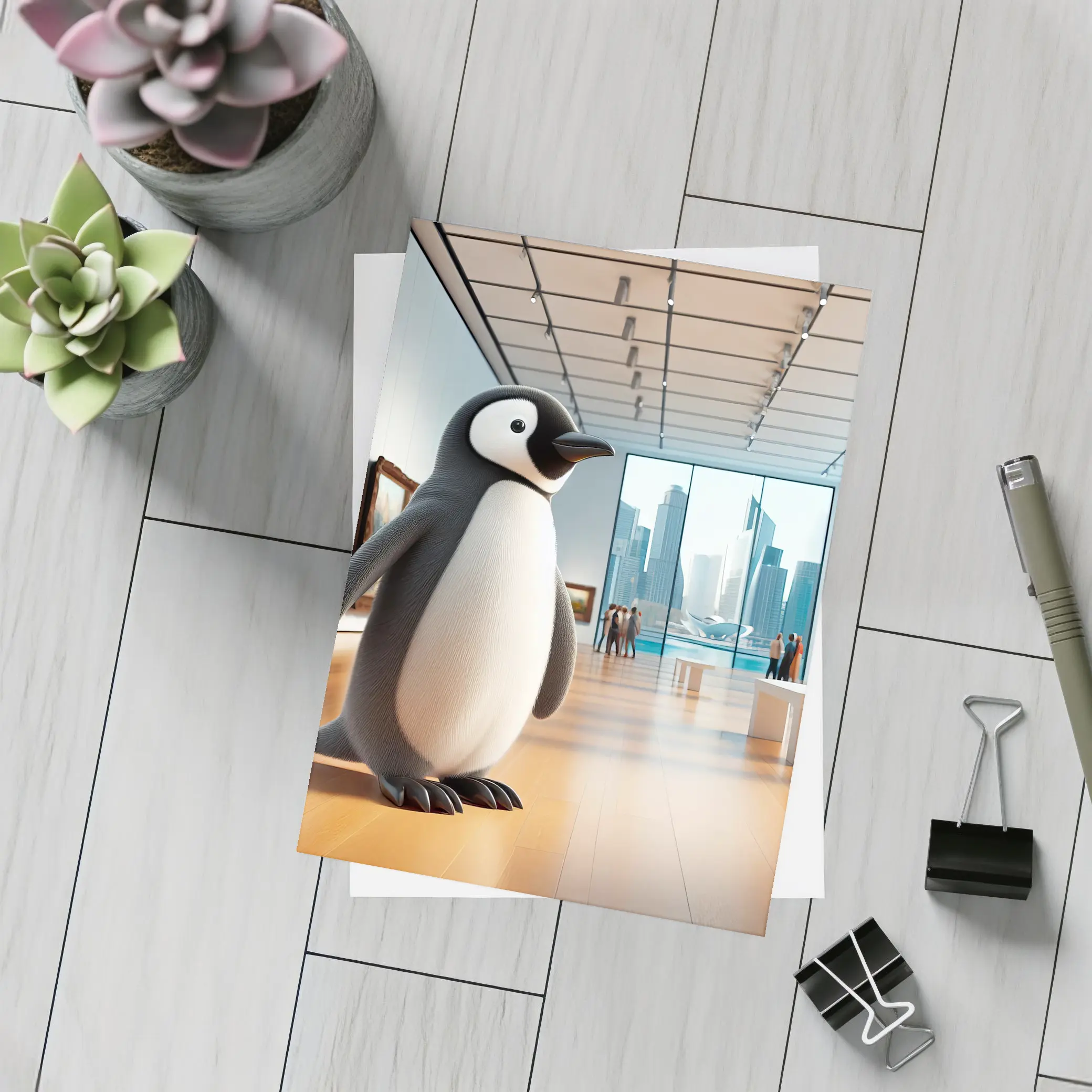 Cute Penguin Standing Inside Modern Art Gallery – Postcards