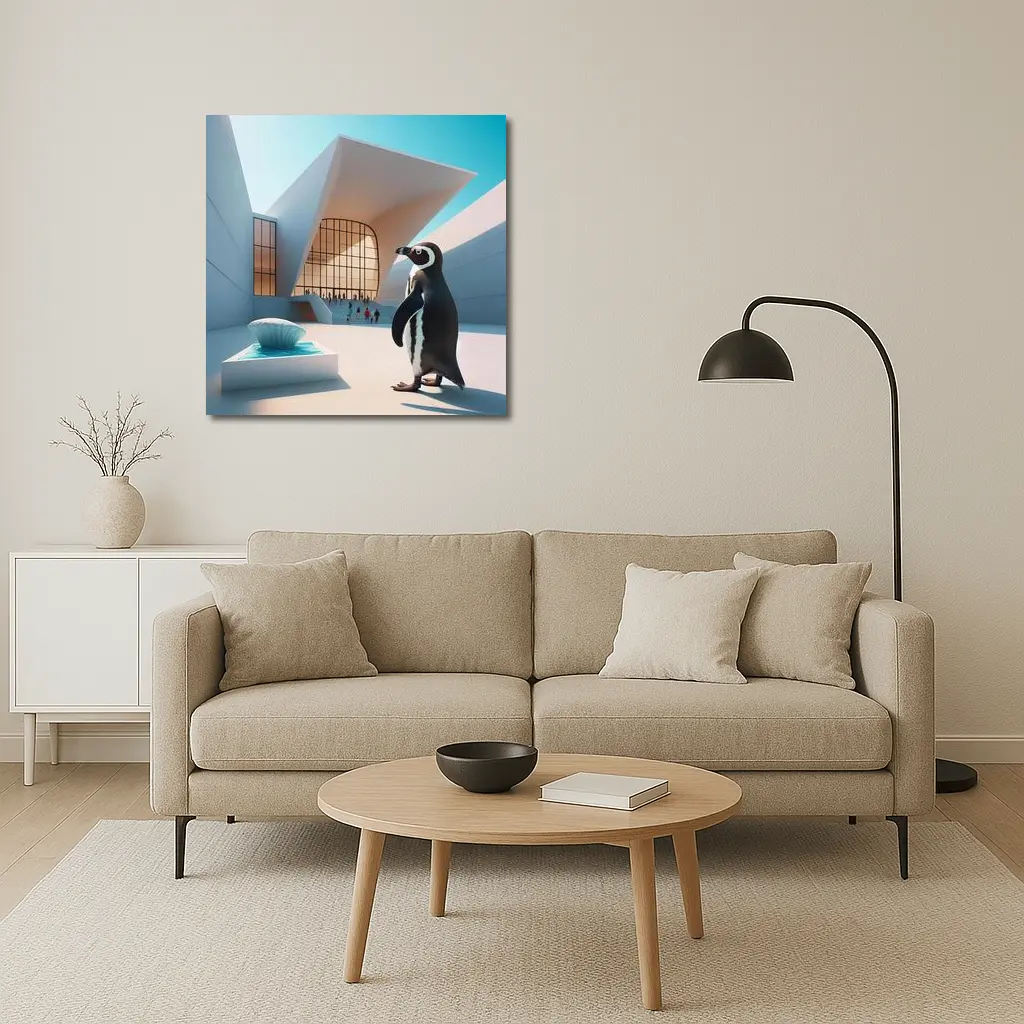 Penguin Standing Outside Modern Architecture Building – Wall Art