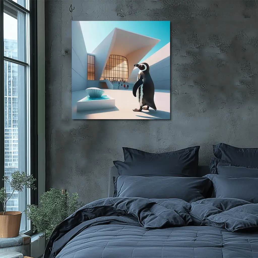 Penguin Standing Outside Modern Architecture Building – Wall Art
