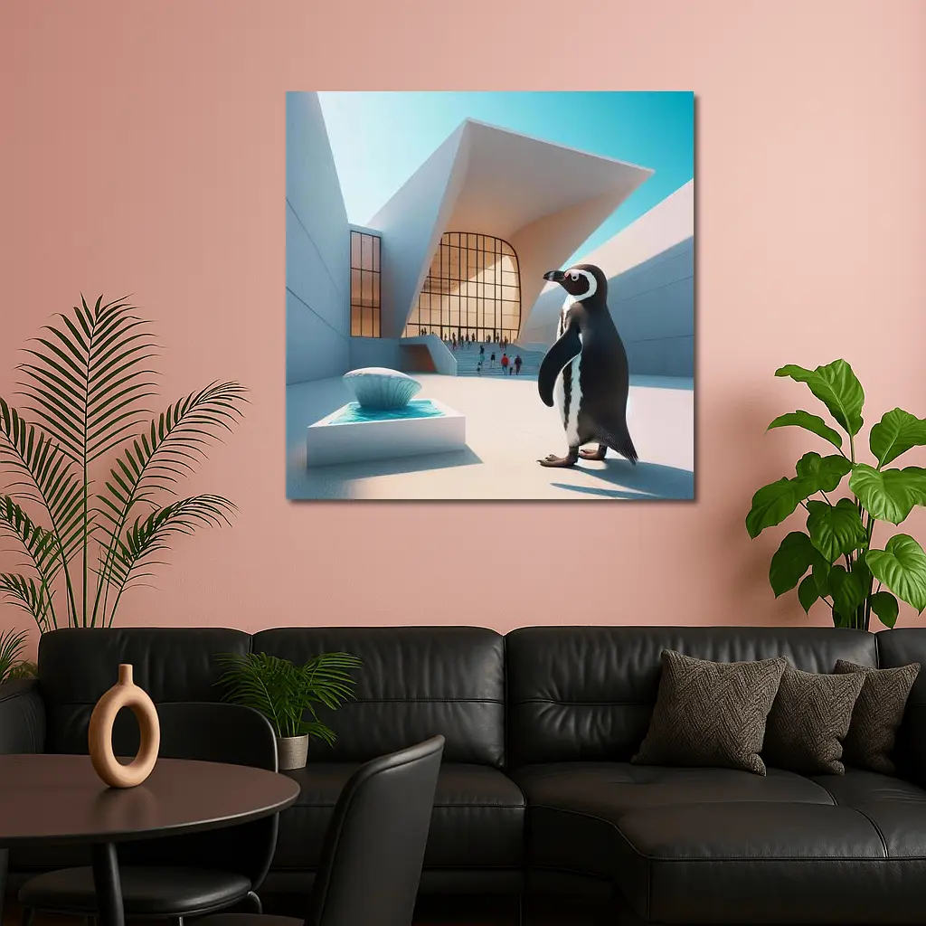 Penguin Standing Outside Modern Architecture Building – Wall Art