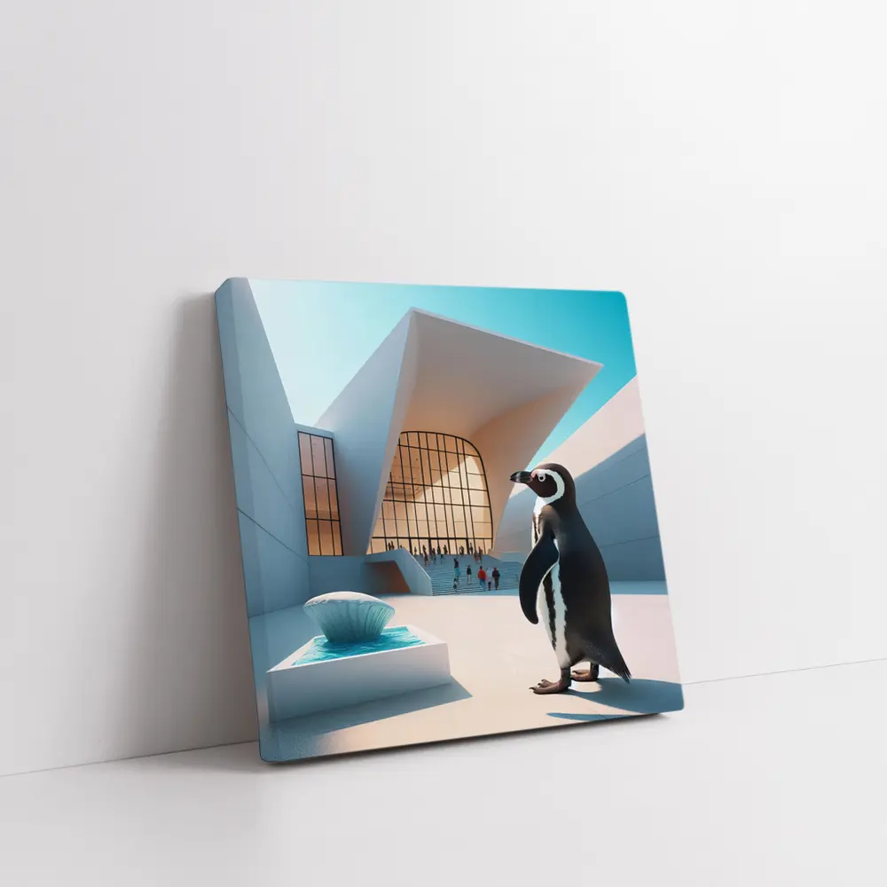 Penguin Standing Outside Modern Architecture Building – Wall Art