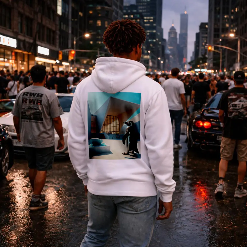 Penguin Standing Outside Modern Architecture Building – Hoodies