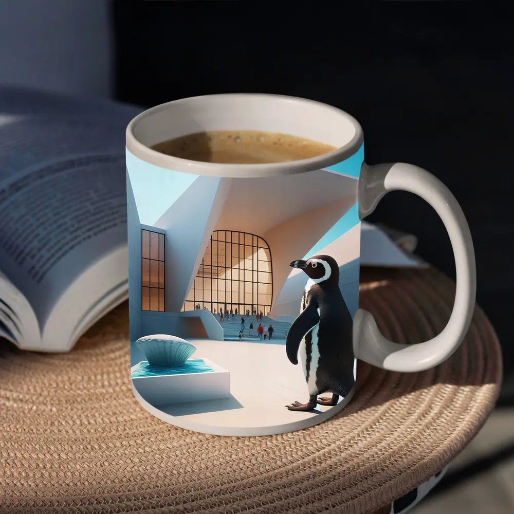 Penguin Standing Outside Modern Architecture Building – Mugs