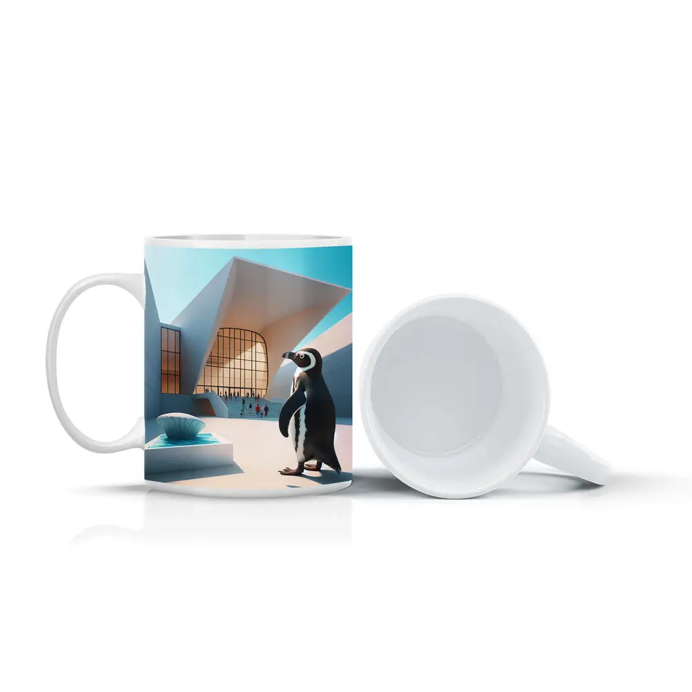 Penguin Standing Outside Modern Architecture Building – Mugs