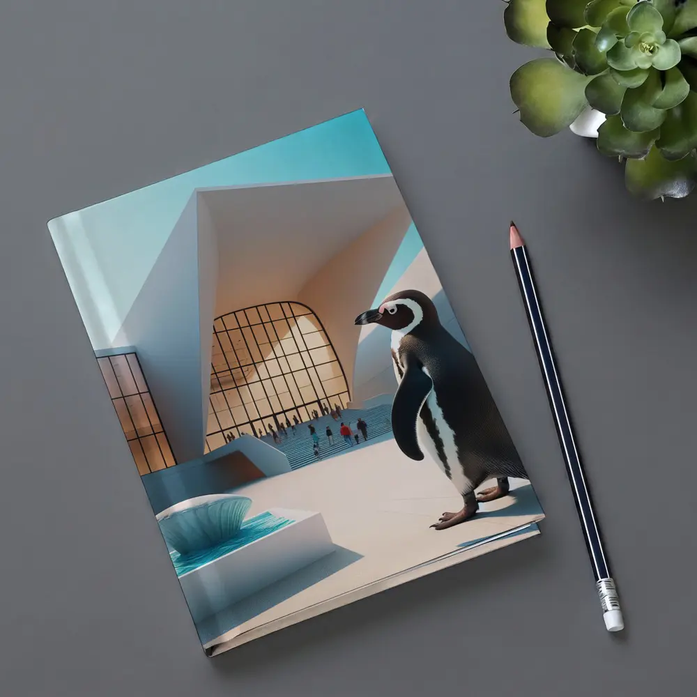 Penguin Standing Outside Modern Architecture Building – Notebooks