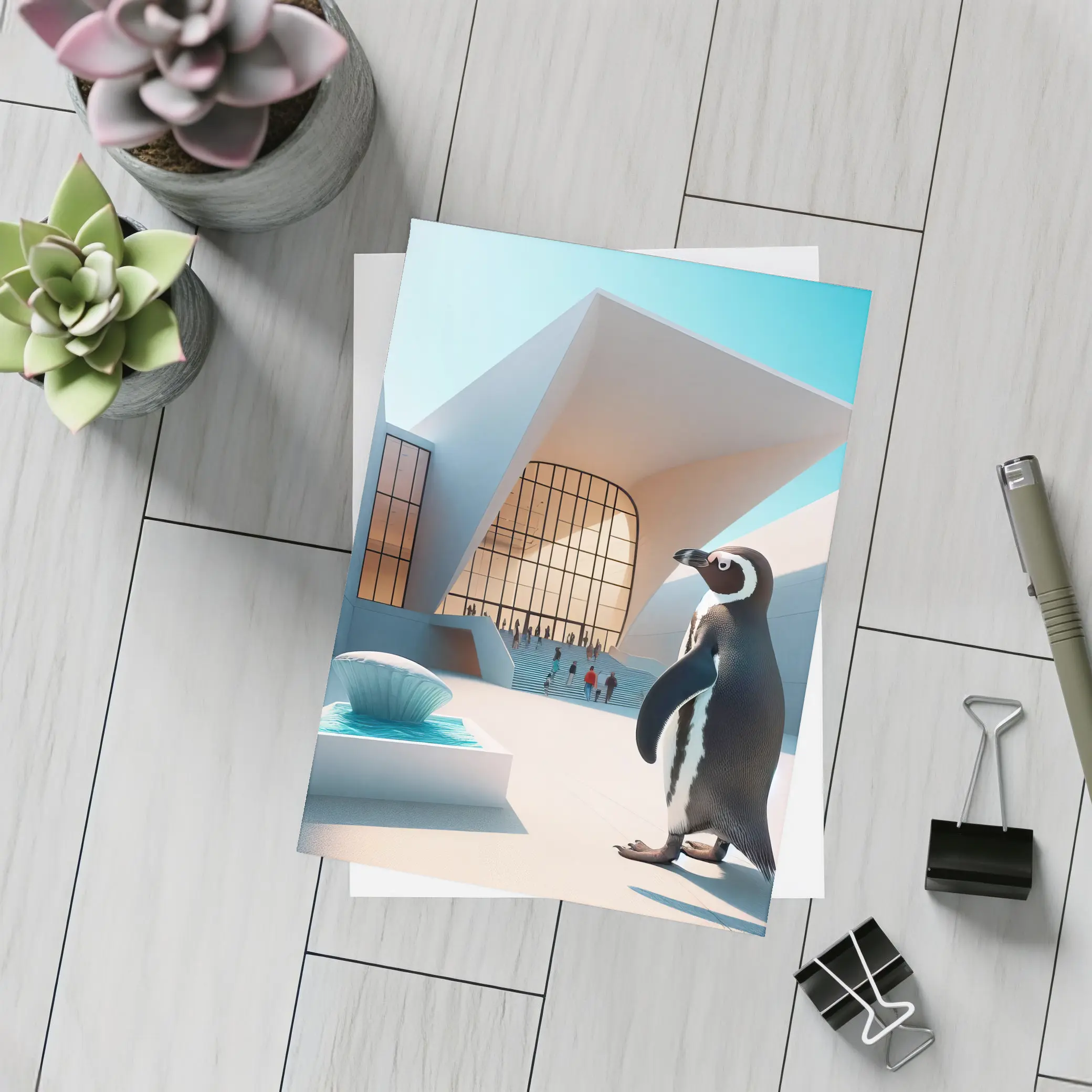 Penguin Standing Outside Modern Architecture Building – Postcards