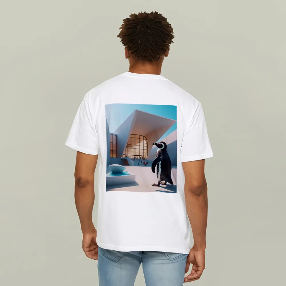 Penguin Standing Outside Modern Architecture Building – T-Shirts