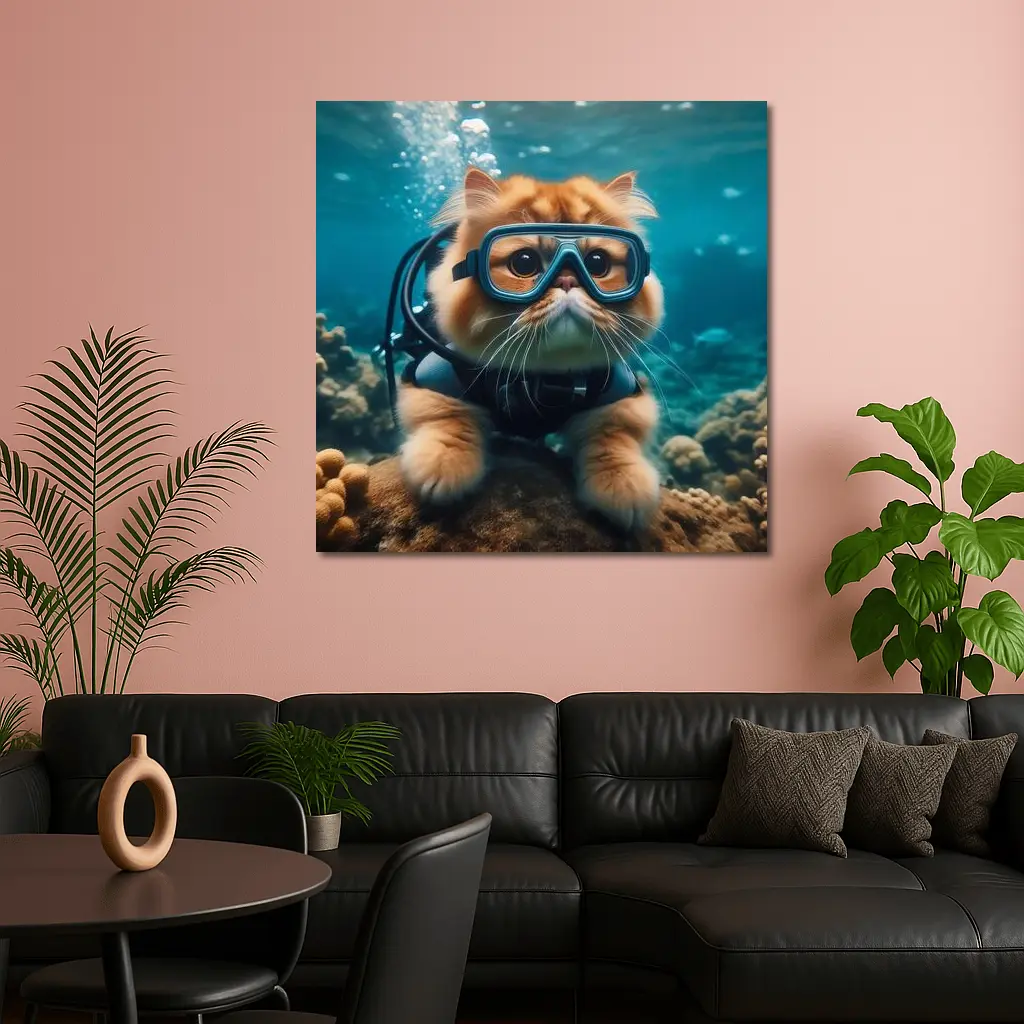 Exotic Shorthair Cat Scuba Diving Underwater Coral – Wall Art