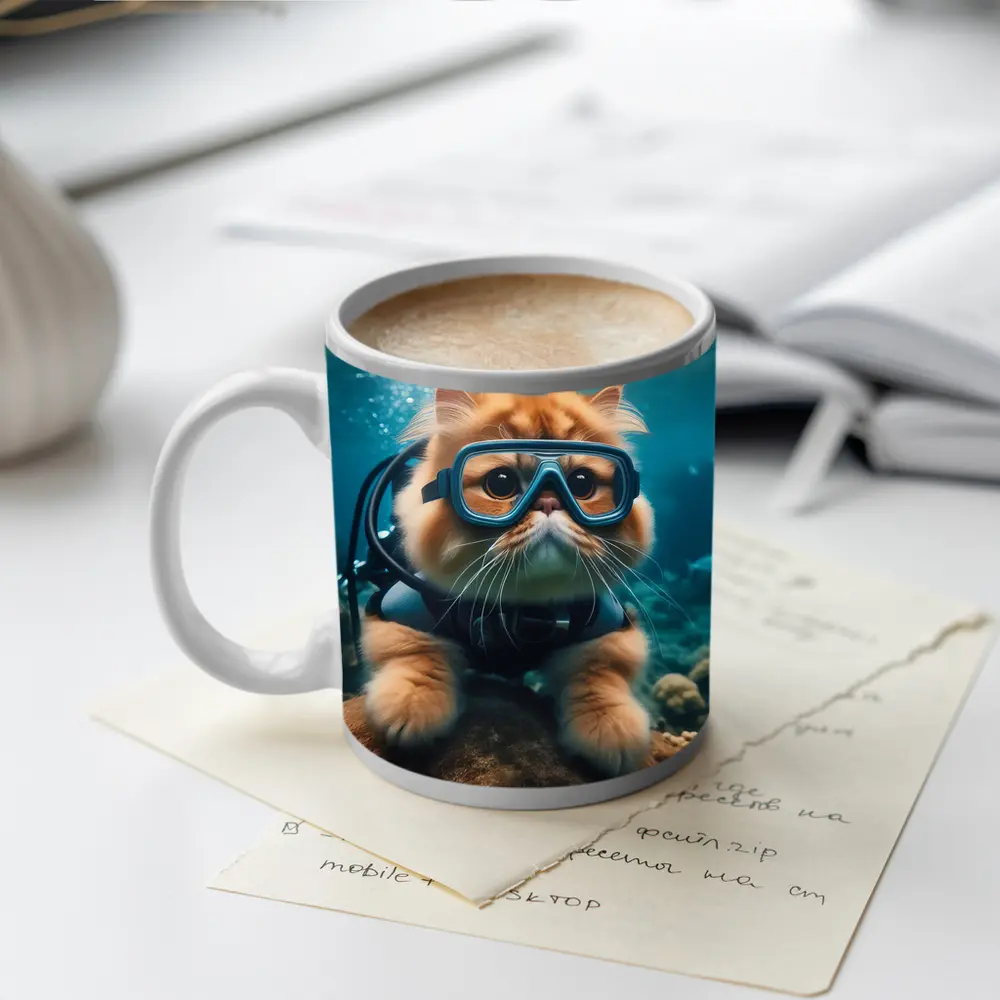 Exotic Shorthair Cat Scuba Diving Underwater Coral – Mugs