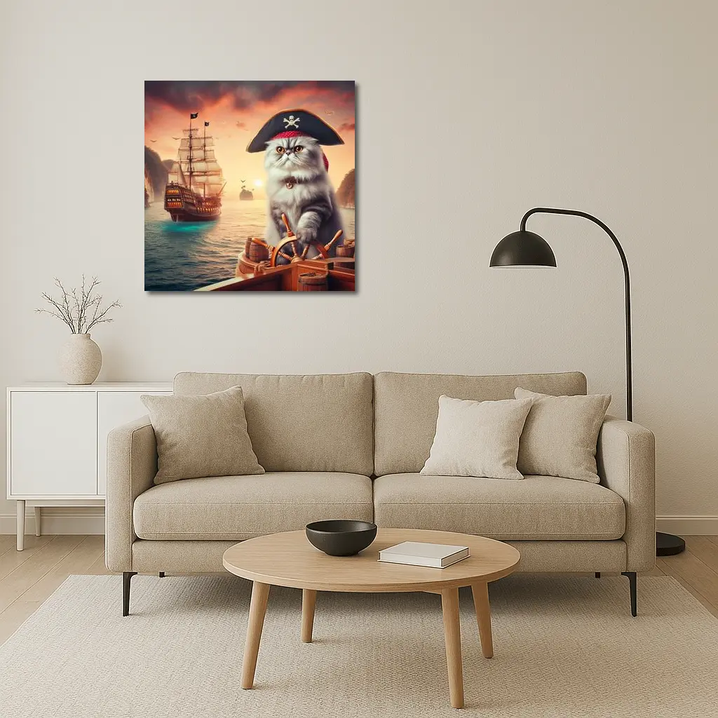 Persian Cat Pirate Ship Sunset Ocean – Wall Art