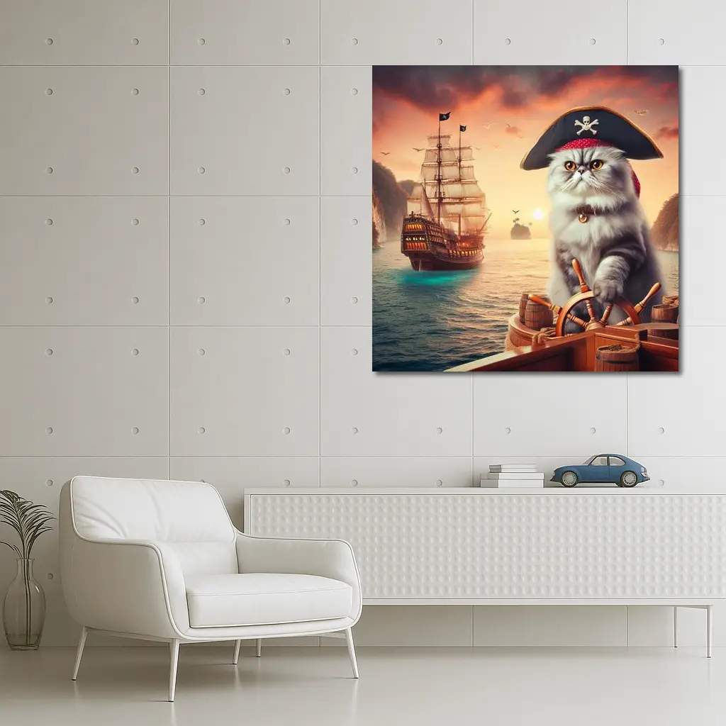Persian Cat Pirate Ship Sunset Ocean – Wall Art