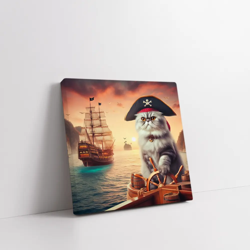 Persian Cat Pirate Ship Sunset Ocean – Wall Art